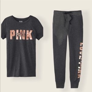 Victoria Secret PINK JOGGER And Tee Dark Grey With Rose Gold Logo. L